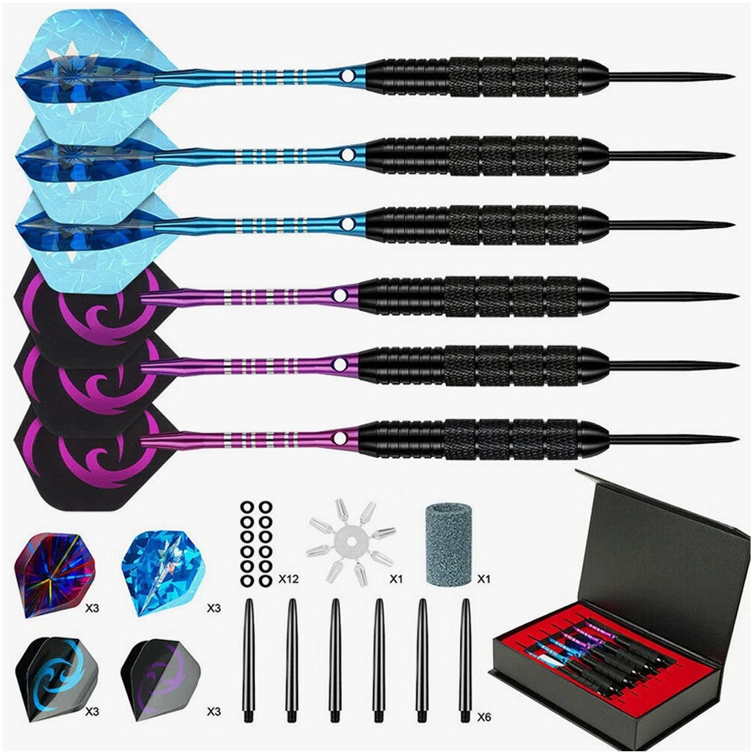 Six assembled darts with blue and purple flights beside the gift case