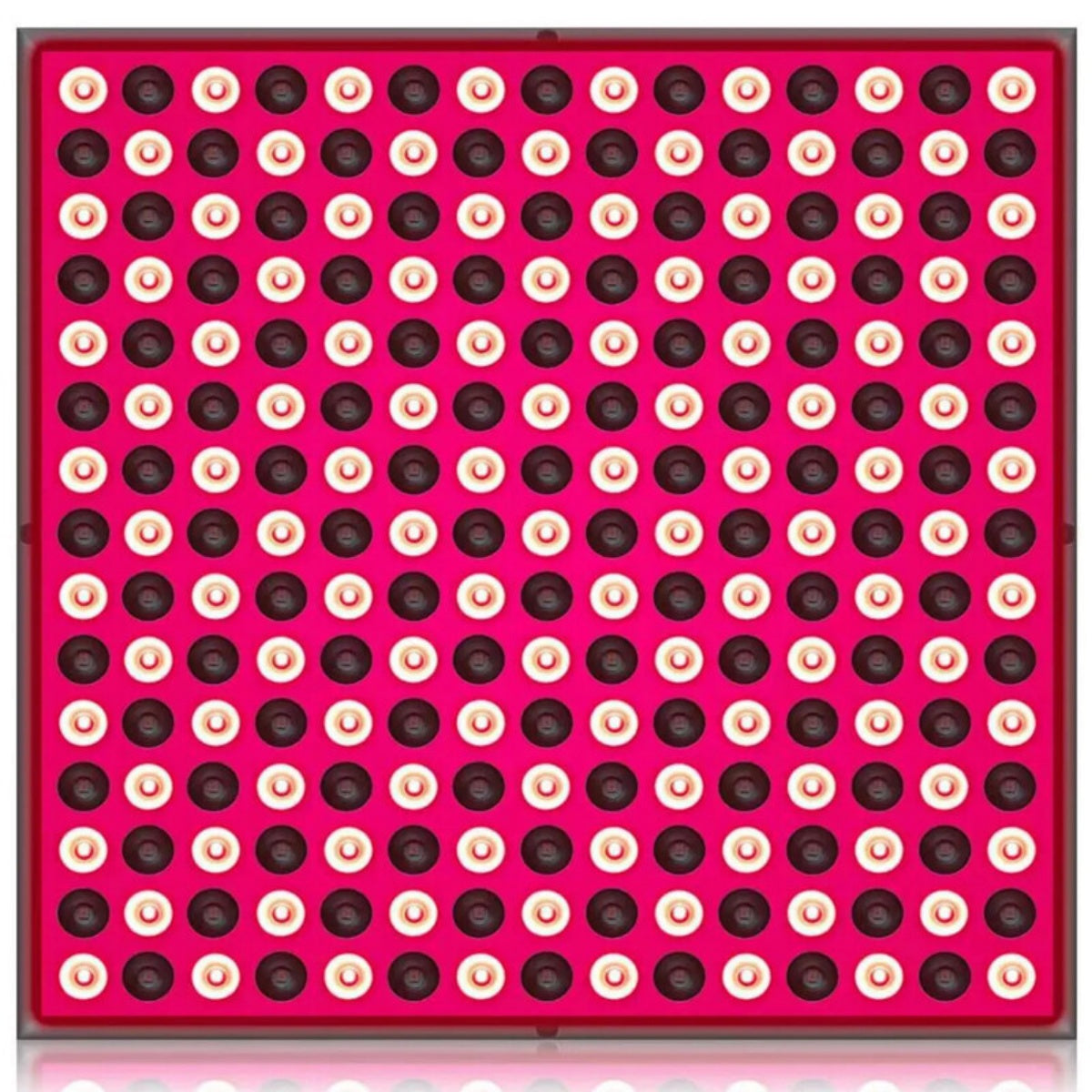 Face-on view of a red light therapy panel lit up with a grid of 225 LEDs