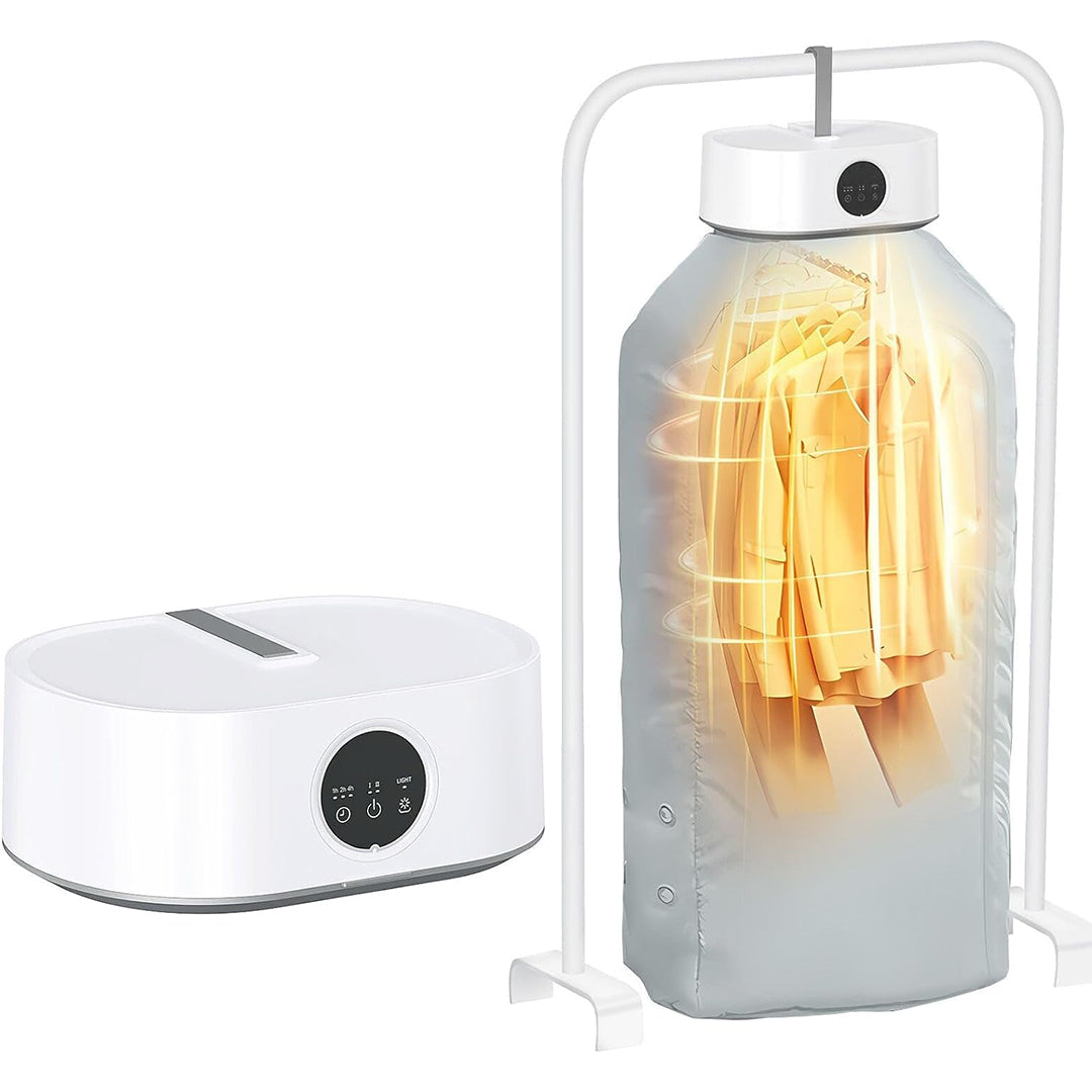 White portable clothes dryer hanging above clothes on a stand