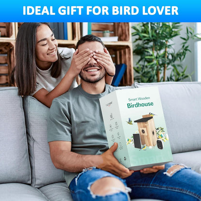Man opening a smart bird box gift