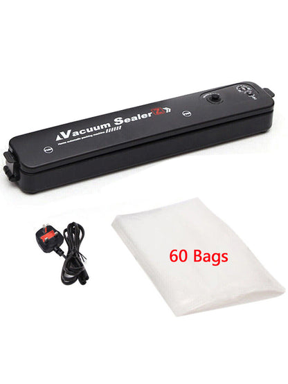 Black vacuum food sealer with power cable and a pack of 60 bags