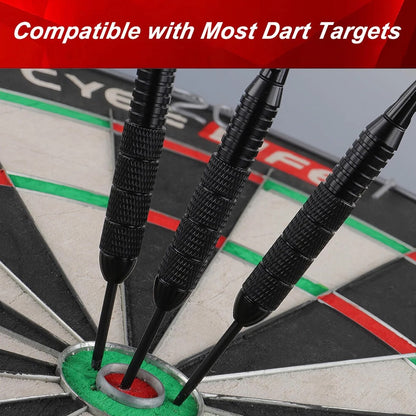 Three steel tip darts in the bullseye of a bristle dartboard