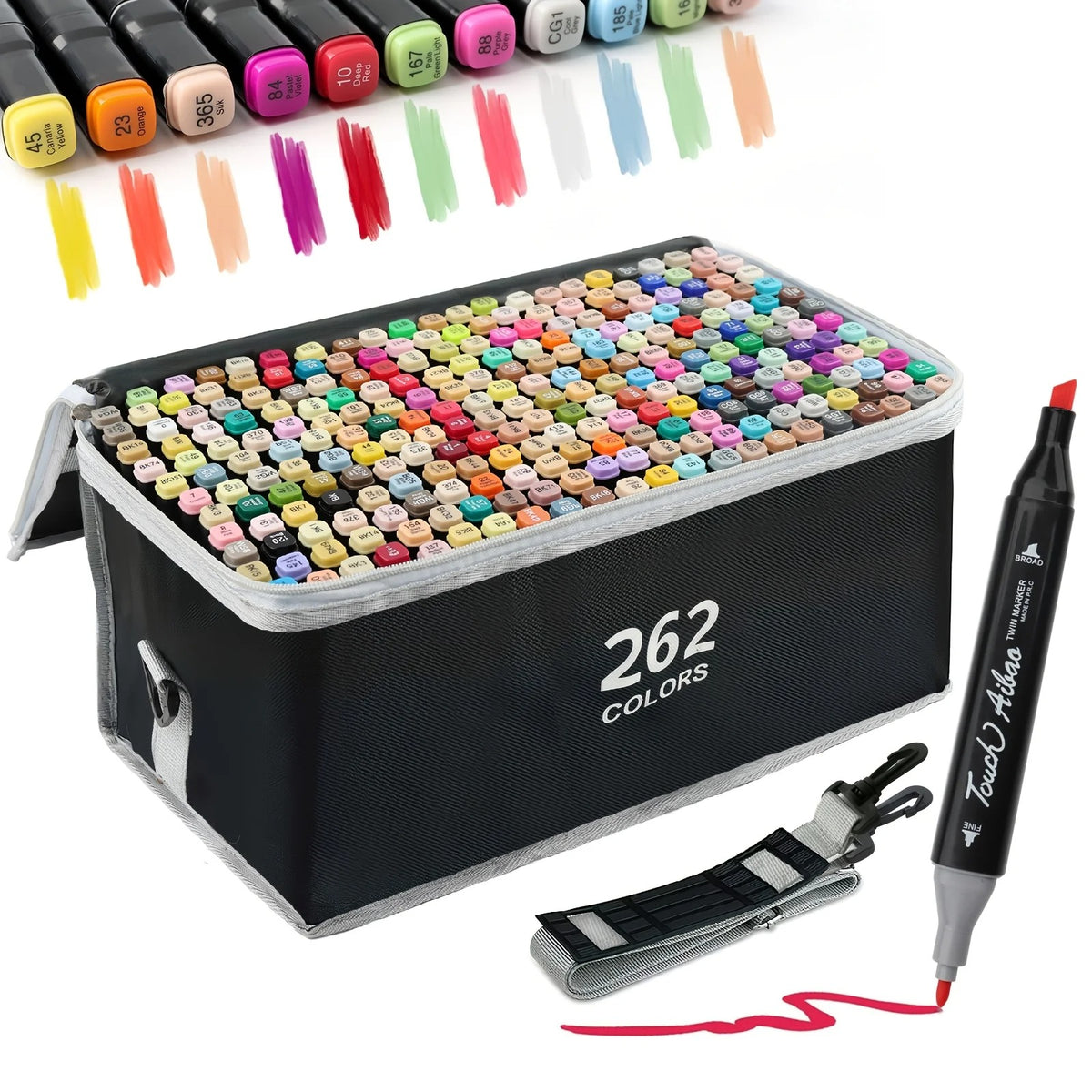 262-colour marker set in its case with colour swatches above