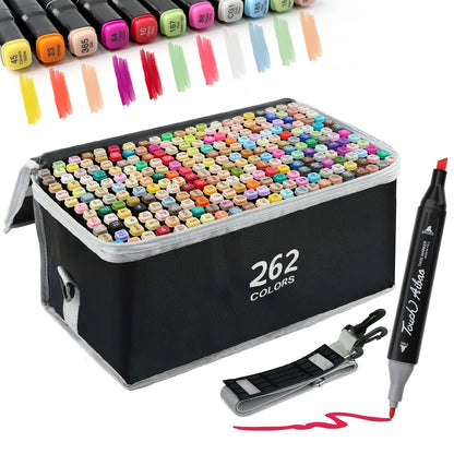 262-colour marker set in its case with colour swatches above