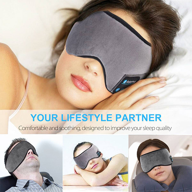 Woman sleeping in the grey Bluetooth eye mask, with travel uses below