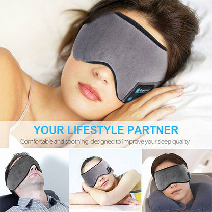 Woman sleeping in the grey Bluetooth eye mask, with travel uses below