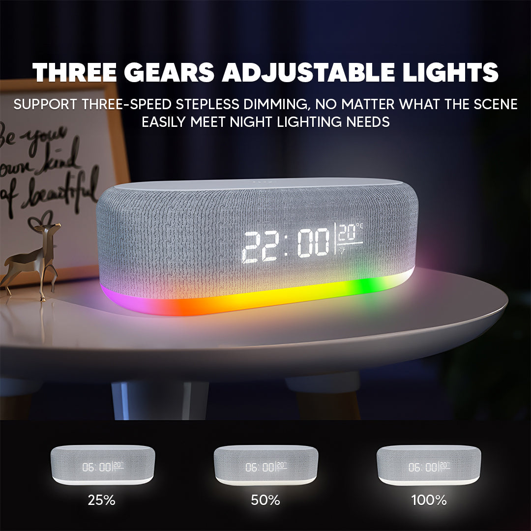 Speaker alarm clock night light at 25, 50 and 100 percent brightness
