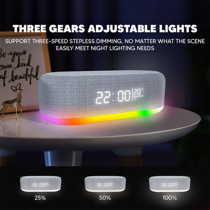 Speaker alarm clock night light at 25, 50 and 100 percent brightness