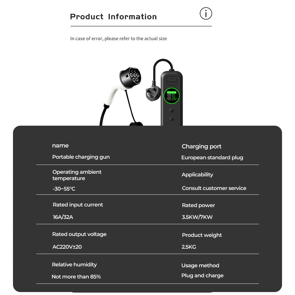 EV charging cable product information table