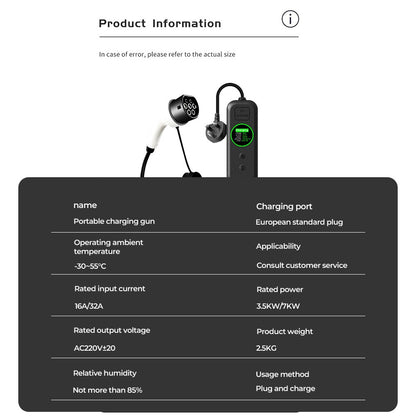 EV charging cable product information table