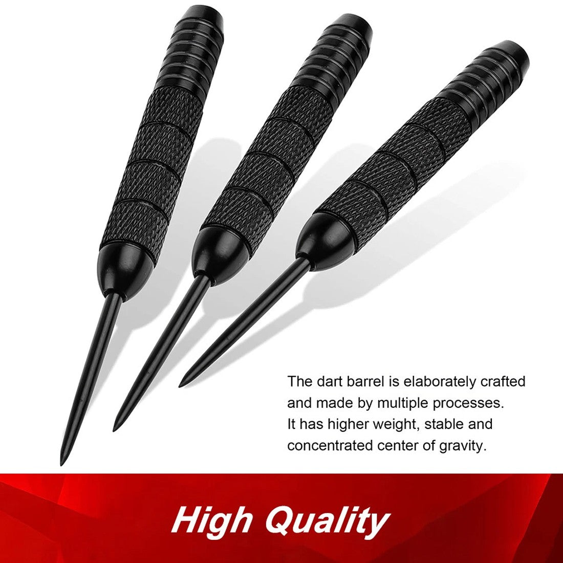 Three black steel tip darts with knurled grip barrels