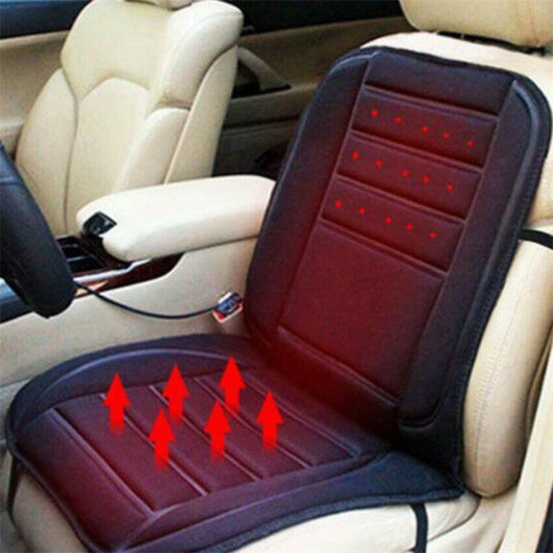 Heated car seat pad showing heating zones on the back and seat