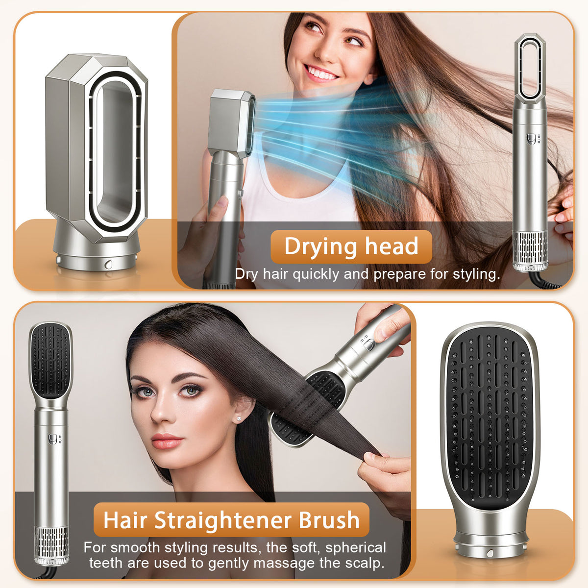 Air styler drying head and straightening brush in use