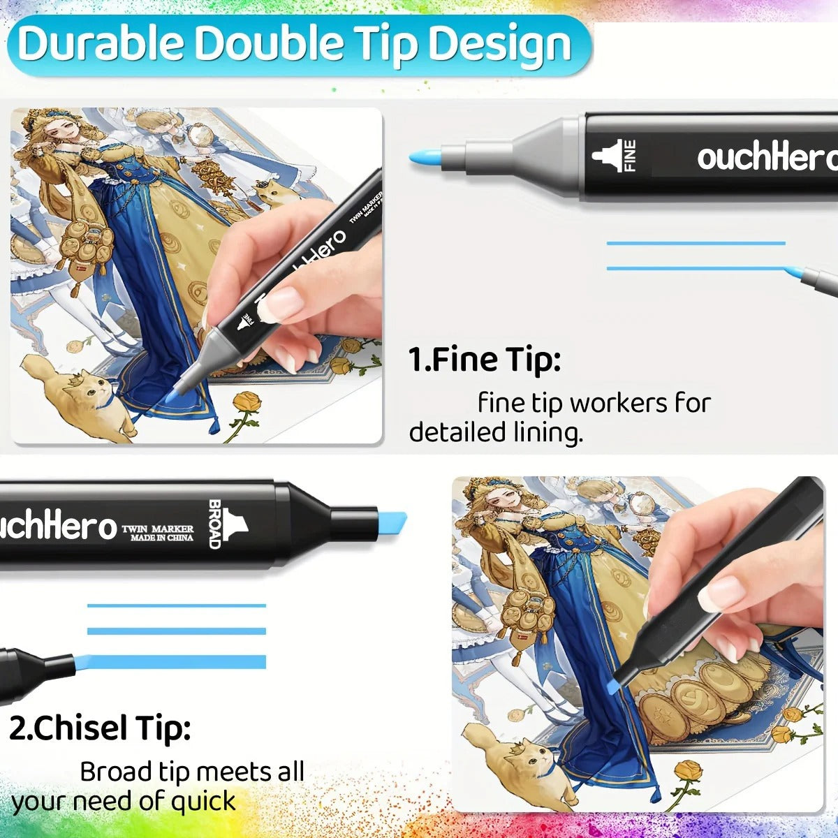 Dual-tip marker showing a fine tip for detail lines and a chisel tip for broad strokes