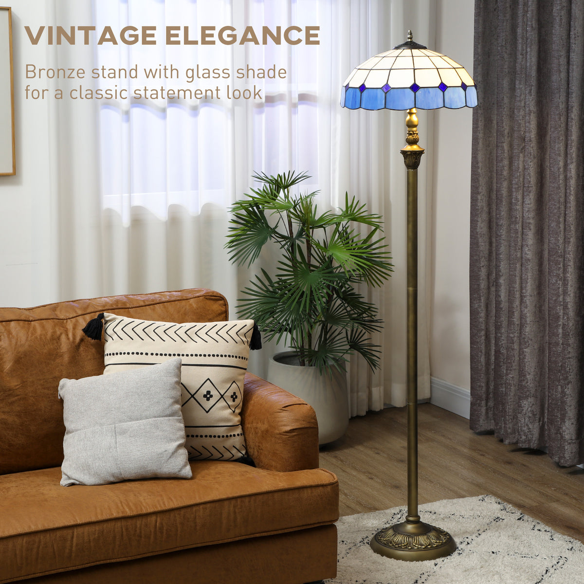 Tiffany-style floor lamp in a living room next to a tan sofa
