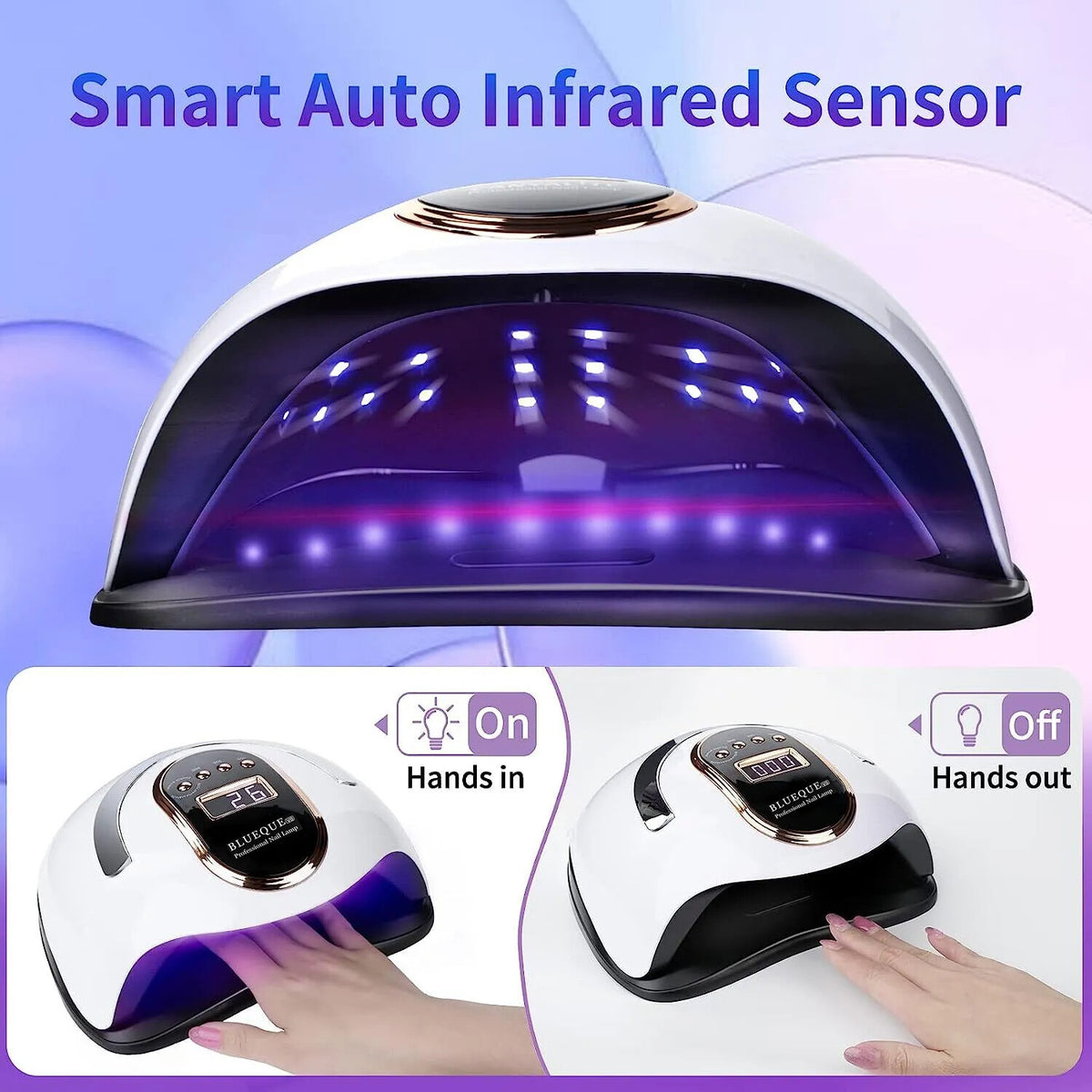 UV LED nail lamp with auto infrared sensor turning on and off
