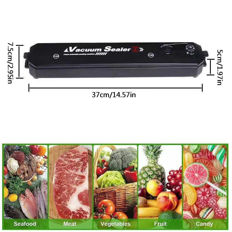Vacuum food sealer size diagram, 37cm long, above examples of sealed food