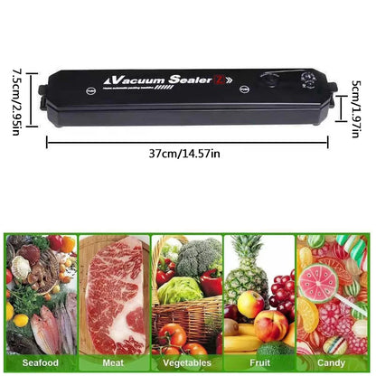 Vacuum food sealer size diagram, 37cm long, above examples of sealed food