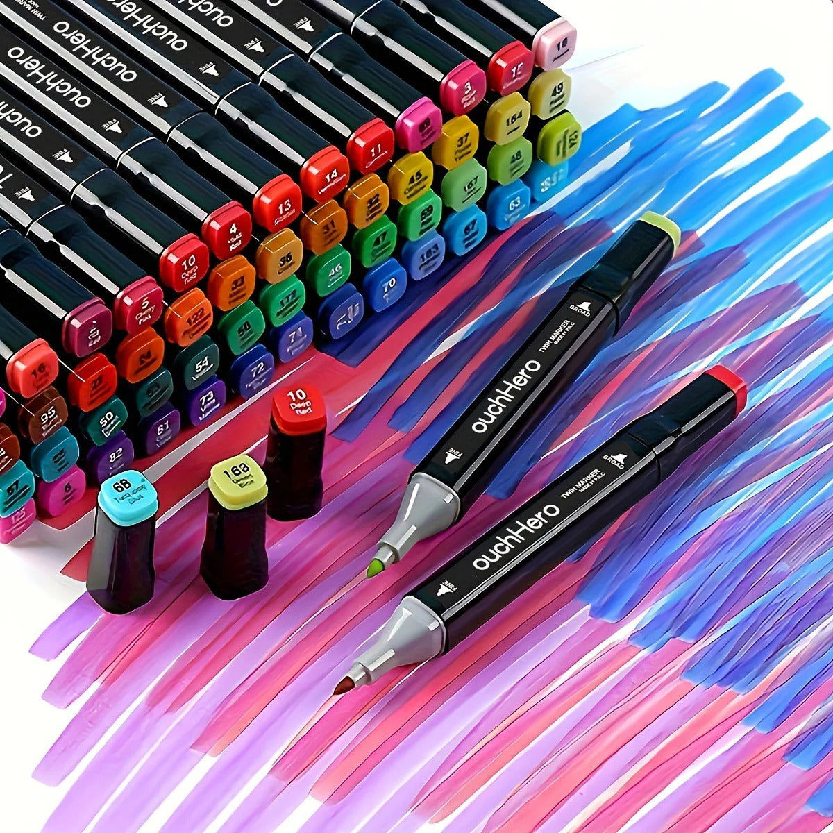 Dual-tip markers with bright colour strokes and sketching in the background