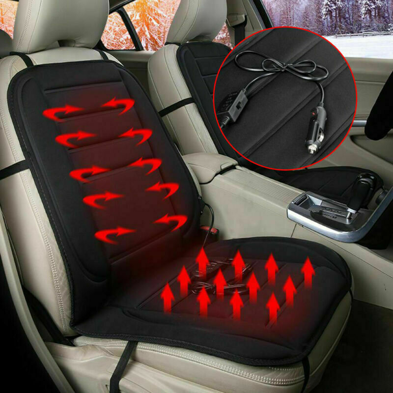 Heated seat pad on a car seat with 12V plug and switch shown close up