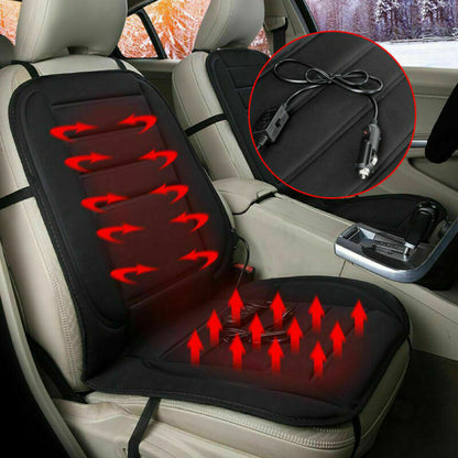 Heated seat pad on a car seat with 12V plug and switch shown close up