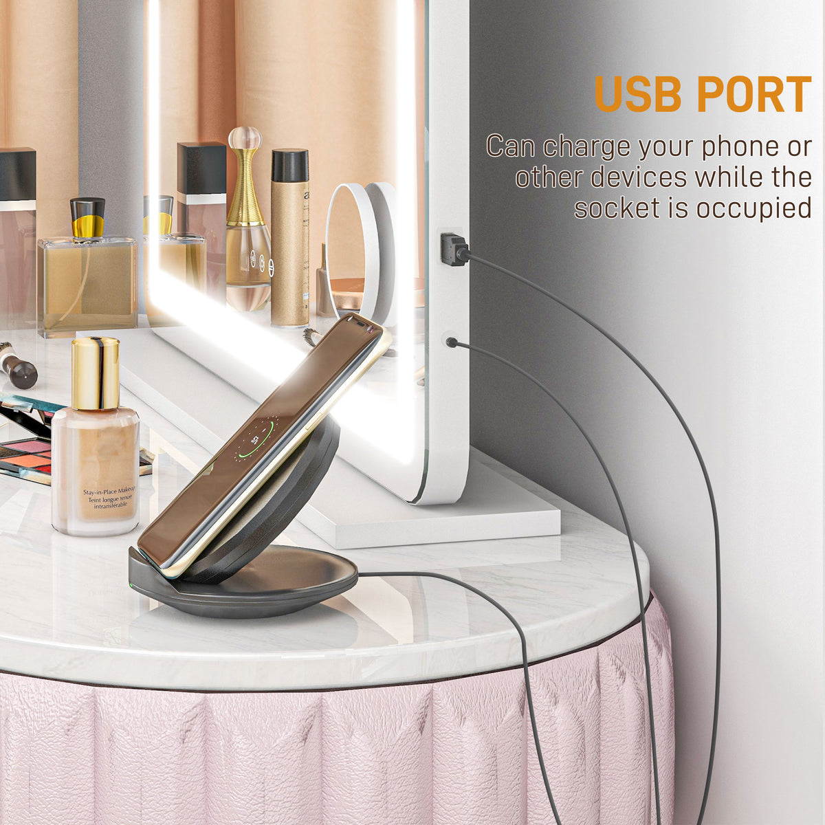 Phone charging from the vanity mirror USB port on a dressing table