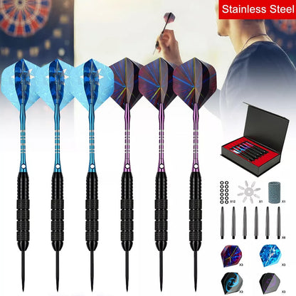 Six steel tip darts with blue and purple flights, accessories and a gift case