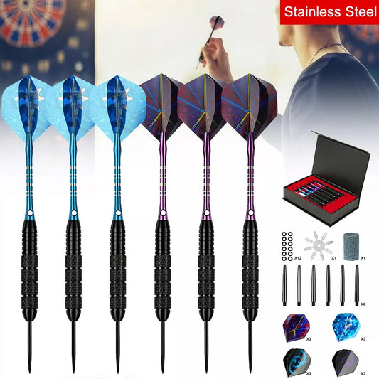 Six steel tip darts with blue and purple flights, accessories and a gift case