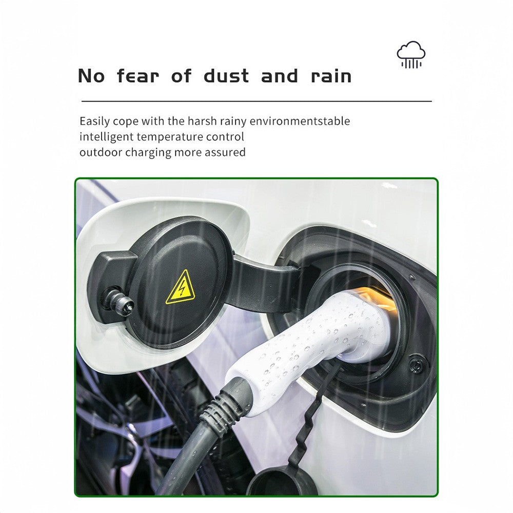 EV charging connector plugged into a car in the rain
