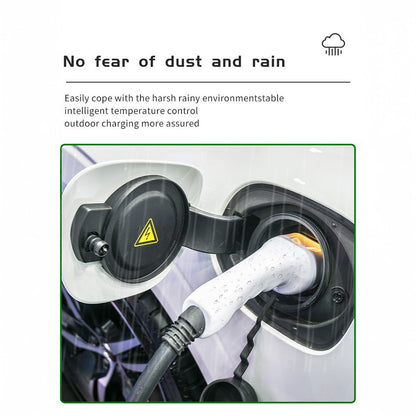 EV charging connector plugged into a car in the rain