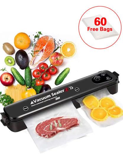 Vacuum sealer beside fresh fruit, vegetables and a vacuum-sealed steak