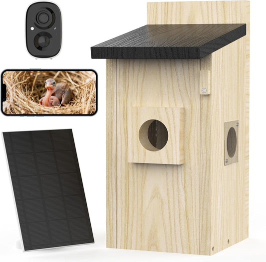 Wooden smart bird box with camera, solar panel and phone showing chicks