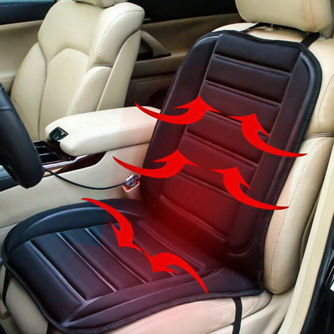 Black heated car seat pad fitted to a car seat with heat arrows