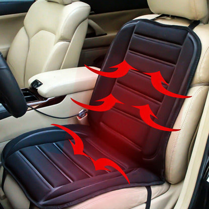 Black heated car seat pad fitted to a car seat with heat arrows