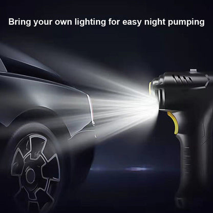 Tyre inflator LED light shining on a car tyre at night