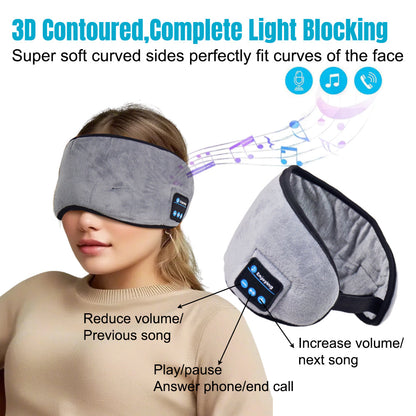 Woman wearing the grey Bluetooth sleep headphones mask, with button controls labelled