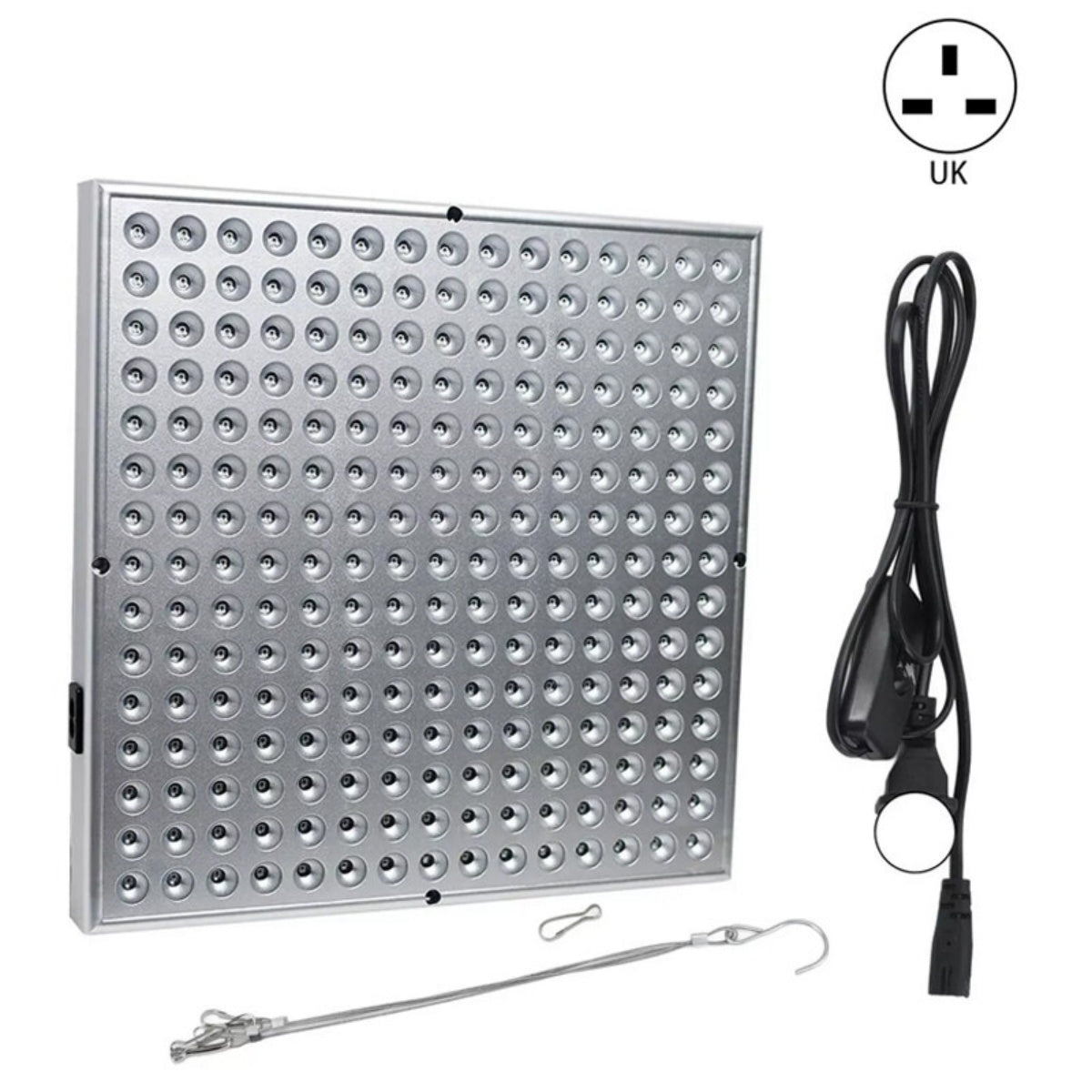 Red light therapy panel with UK plug cable and hanging hook included in the box