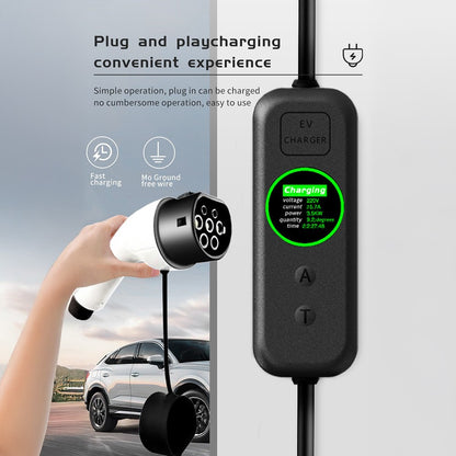 Hand holding the Type 2 connector beside the EV charger control box