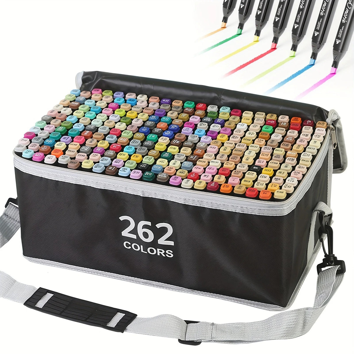 Black carry case with shoulder strap holding the 262-colour marker pen set