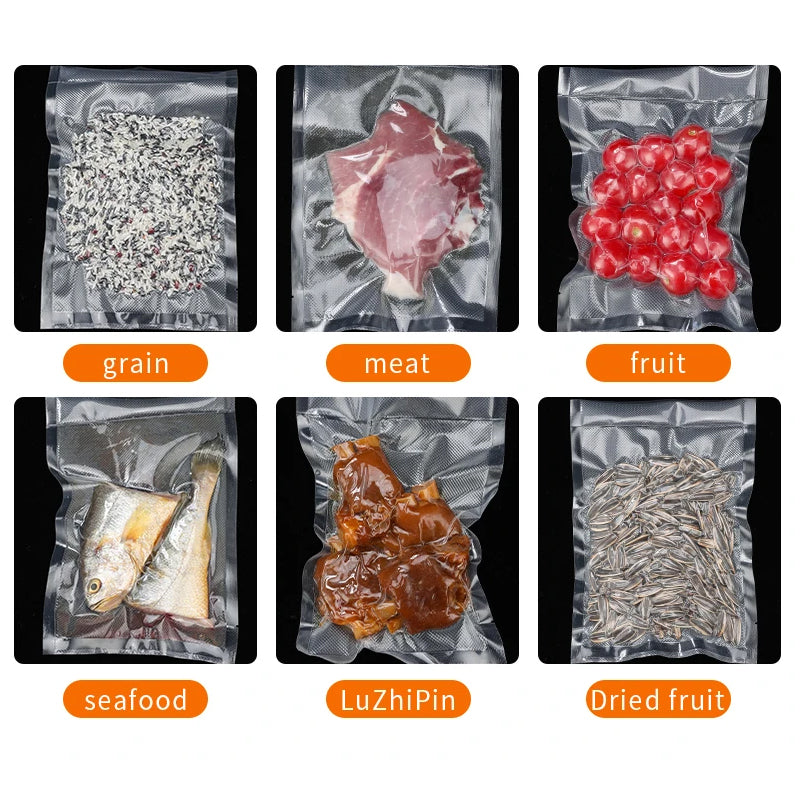 Vacuum-sealed bags of grain, meat, fruit, seafood and dried fruit