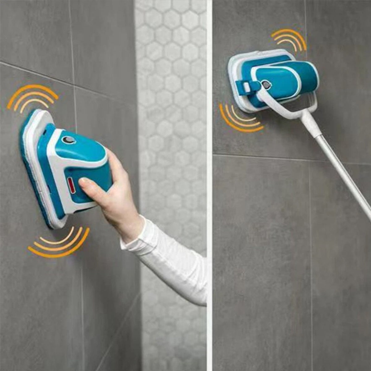 Woman scrubbing grey bathroom wall tiles with the electric multi scrubber