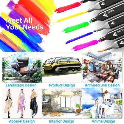 Marker colour examples with sketches of landscape, product, architecture, interior and apparel design