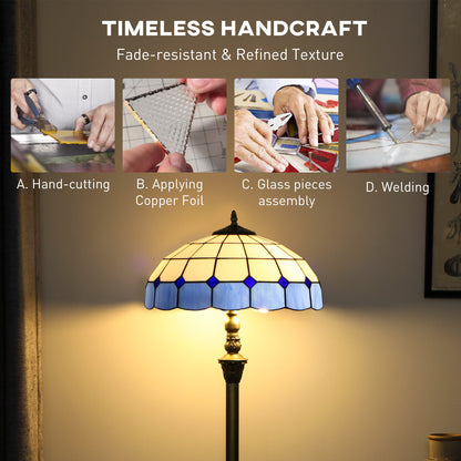 Tiffany-style lamp shade lit up, with glass cutting and assembly steps