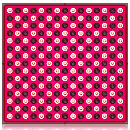 Face-on view of a red light therapy panel lit up with a grid of 225 LEDs
