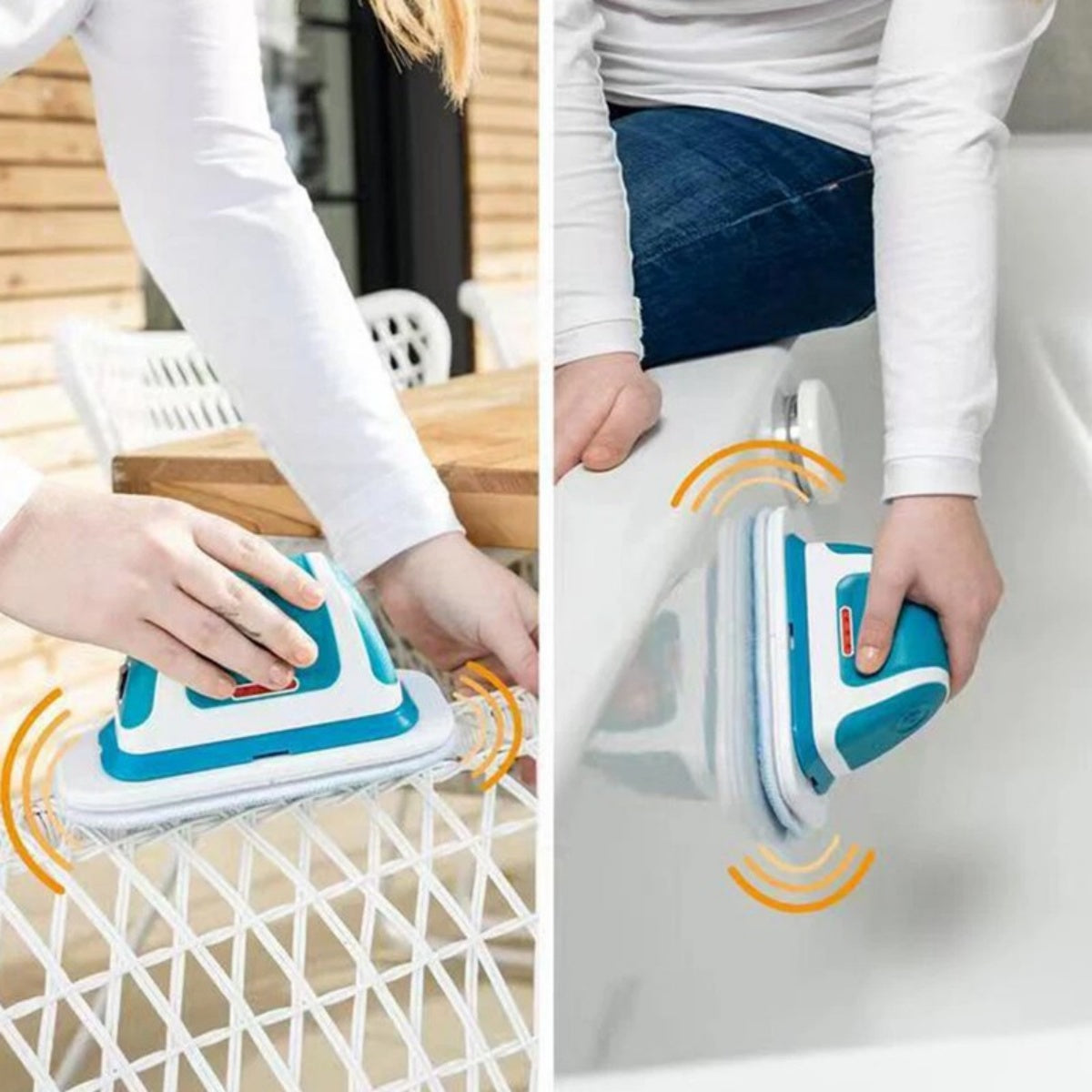Cordless electric multi scrubber cleaning a chair, shown in two views