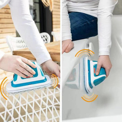 Cordless electric multi scrubber cleaning a chair, shown in two views