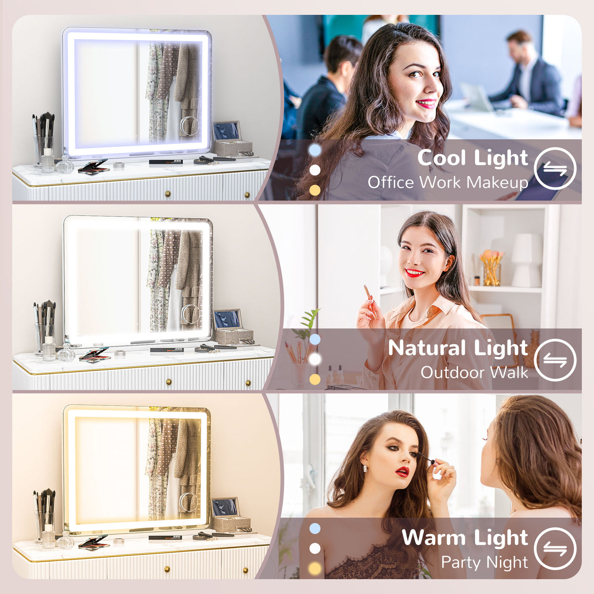 LED vanity mirror in cool, natural and warm light settings