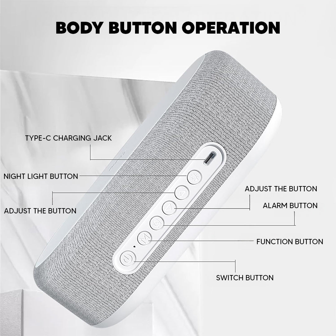 Speaker alarm clock side buttons and USB-C charging port