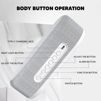 Speaker alarm clock side buttons and USB-C charging port