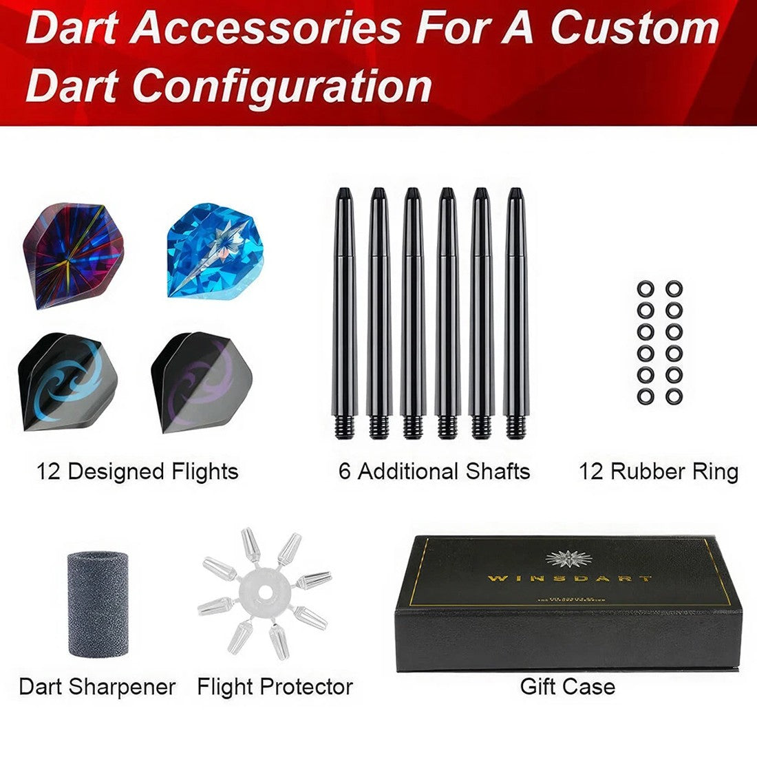 Darts accessories: 12 flights, 6 shafts, 12 O-rings, sharpener, flight protector and gift case